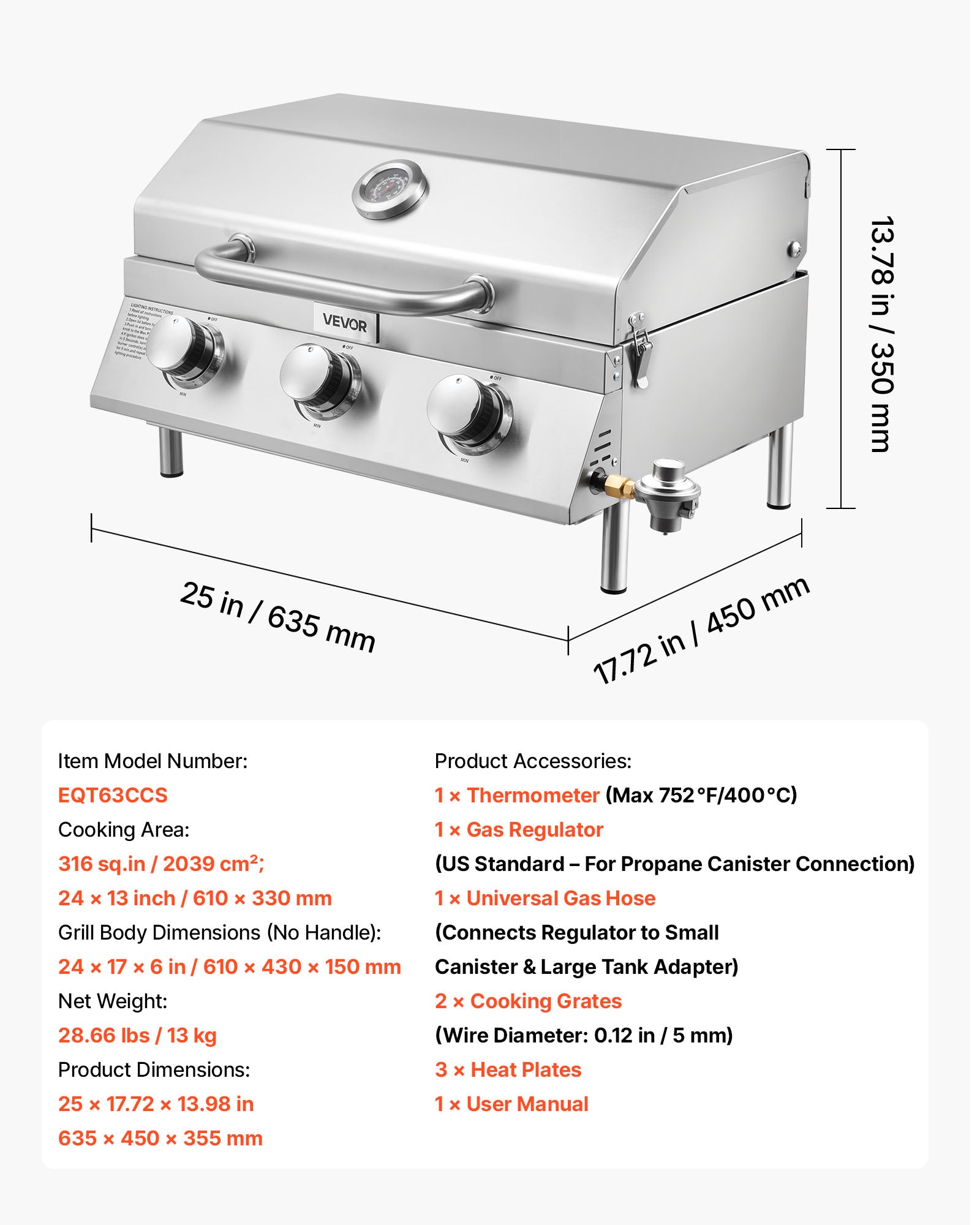 VEVOR Tabletop Gas Grill, 3-Burner Stainless Steel Portable Propane Grill, with Built-in Thermometer, Travel Locks, Weatherproof Lid, 22,500 BTU Total, for Outdoor Cooking,Patio,Party,Camping,RV VEVOR