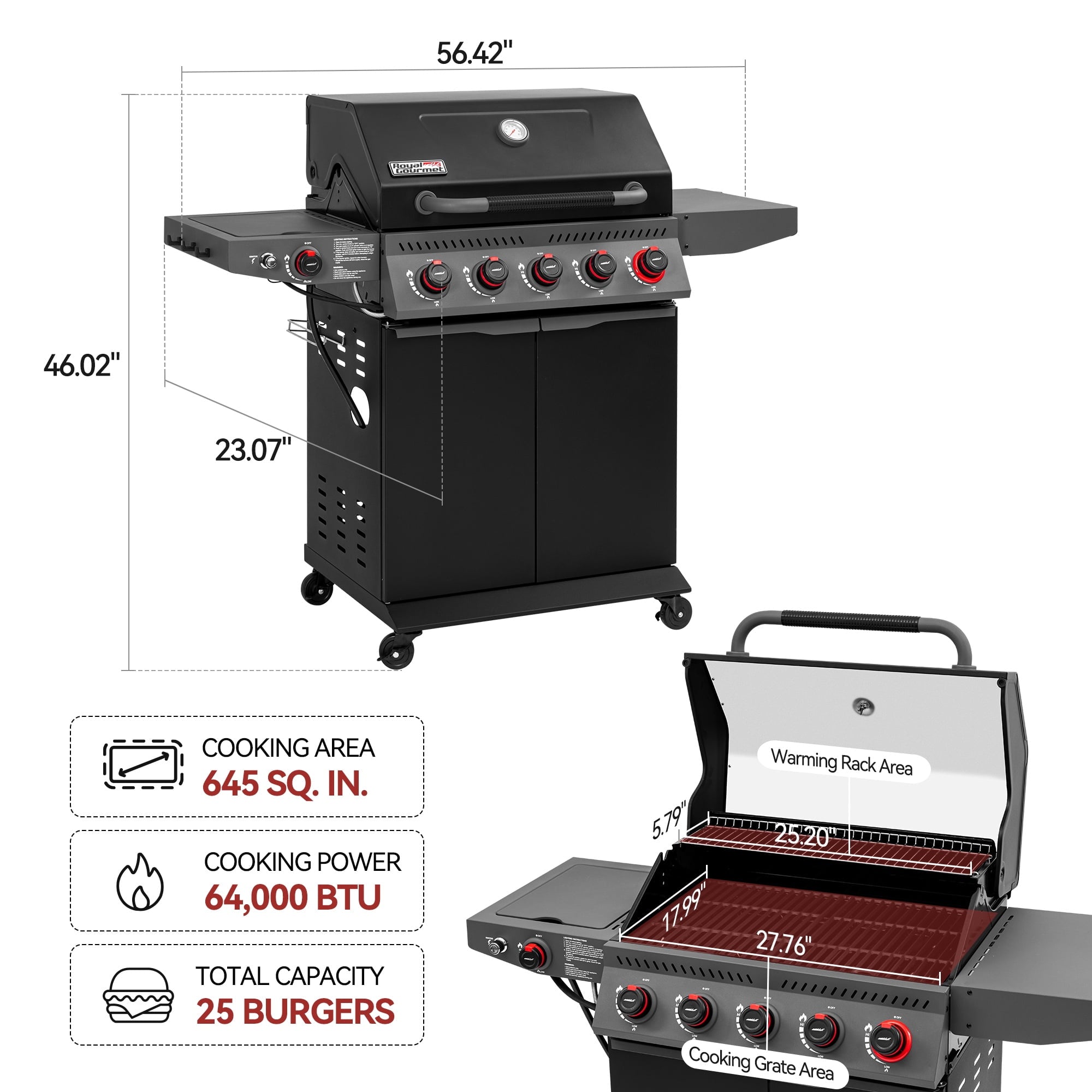 Royal Gourmet GA5407H 5-Burner BBQ Gas Grill with Sear Burner and Lidded Side Burner,Cabinet Style Grill for Outdoor Grilling and Backyard Cooking, Black Royal Gourmet