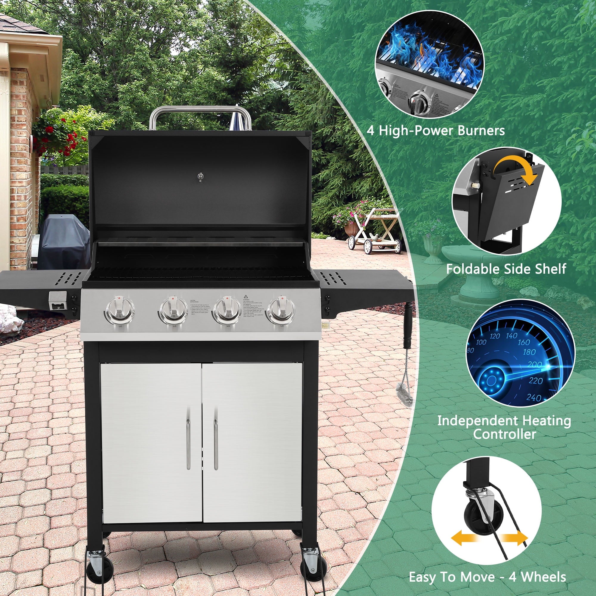 4-Burner Gas Grill with 4 Universal Wheels & Bottle Opener, 40000BTU Outdoor Grill with Side Table for Camping, Black & Sliver Gas Grills