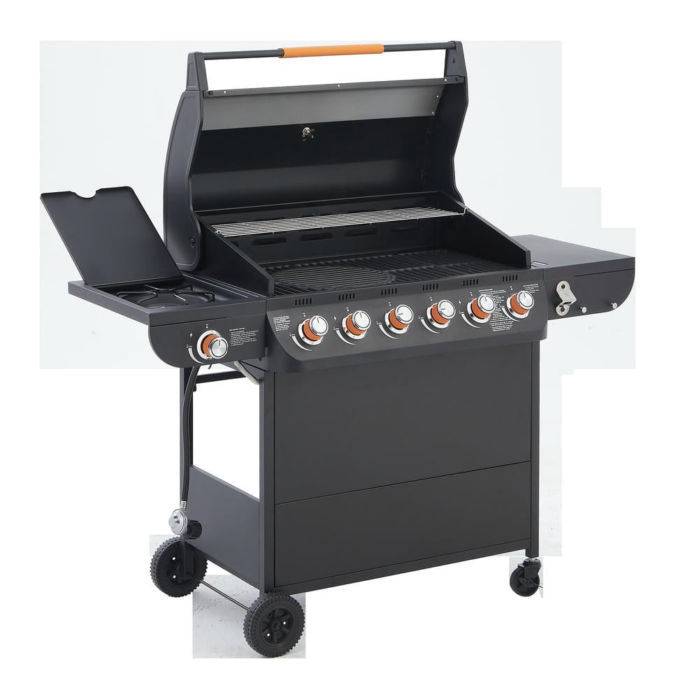 Kadyn 6-Burner Gas Barbecue Grill, 72000 BTU High-Heat Grill with Side Tables, Cast Iron Grates & Side Burner, Outdoor Kitchen, Black Kadyn