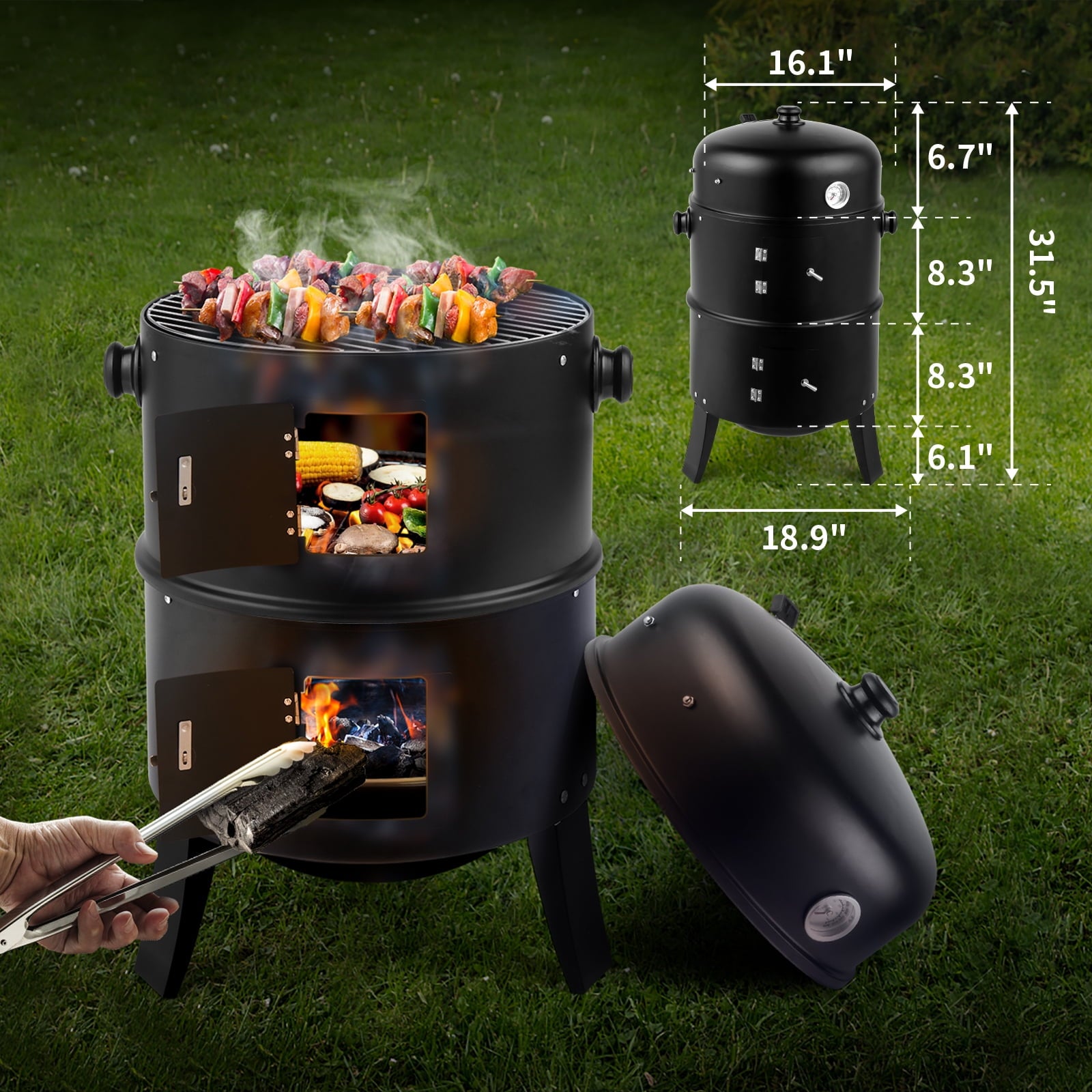 Debonair 3-in-1 Vertical Charcoal Smoker Portable BBQ Smoker Grill with Detachable 2 Layer Debonair