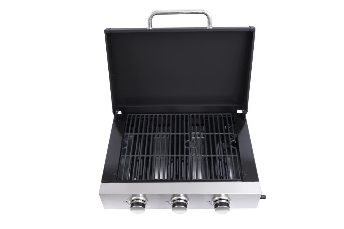 3 Burner Gas Grill - 28,650 BTU High-Powered, Stainless Steel with High-Temperature Enamel Coating, Multi-Function Teppanyaki & Grill, Cast Iron Grates, Pull-Out Oil Pan with Cups, Safe Ignition GORTES