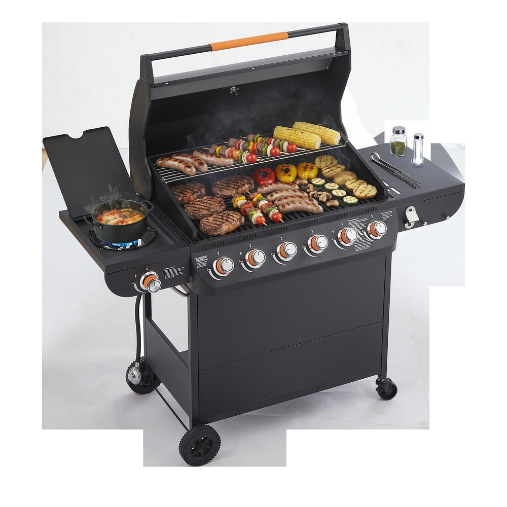 Kadyn 6-Burner Gas Barbecue Grill, 72000 BTU High-Heat Grill with Side Tables, Cast Iron Grates & Side Burner, Outdoor Kitchen, Black Kadyn