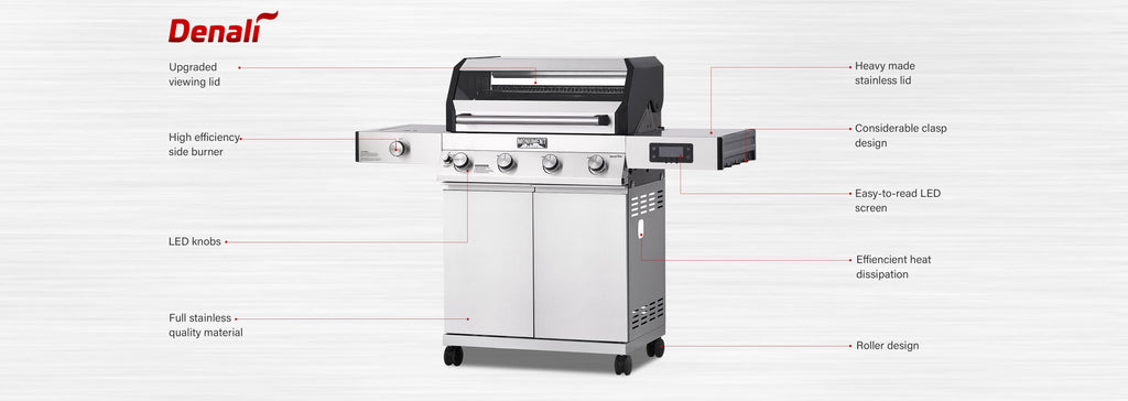 Denali 4-Burner Propane Gas Grill in Stainless with Clearview Lid, 3-Phase LED Controls, Grill Cover, and Side Burner Monument Grills