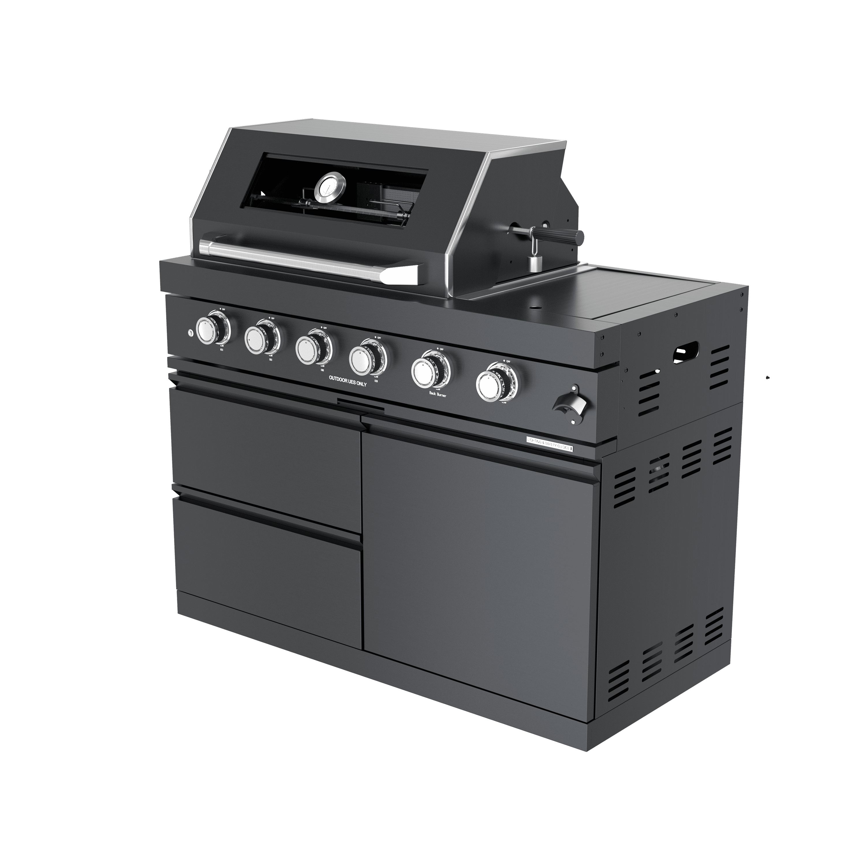 110-Inch 4-Burner 72000 BTU Deluxe Stainless Steel Propane Gas Outdoor Kitchen Bar Barbecue Island Grill Wine Cooler Compact+Refrigerator+Rotisserie+Granite Countertops+Storage Cabinets & Drawers HomeMindful