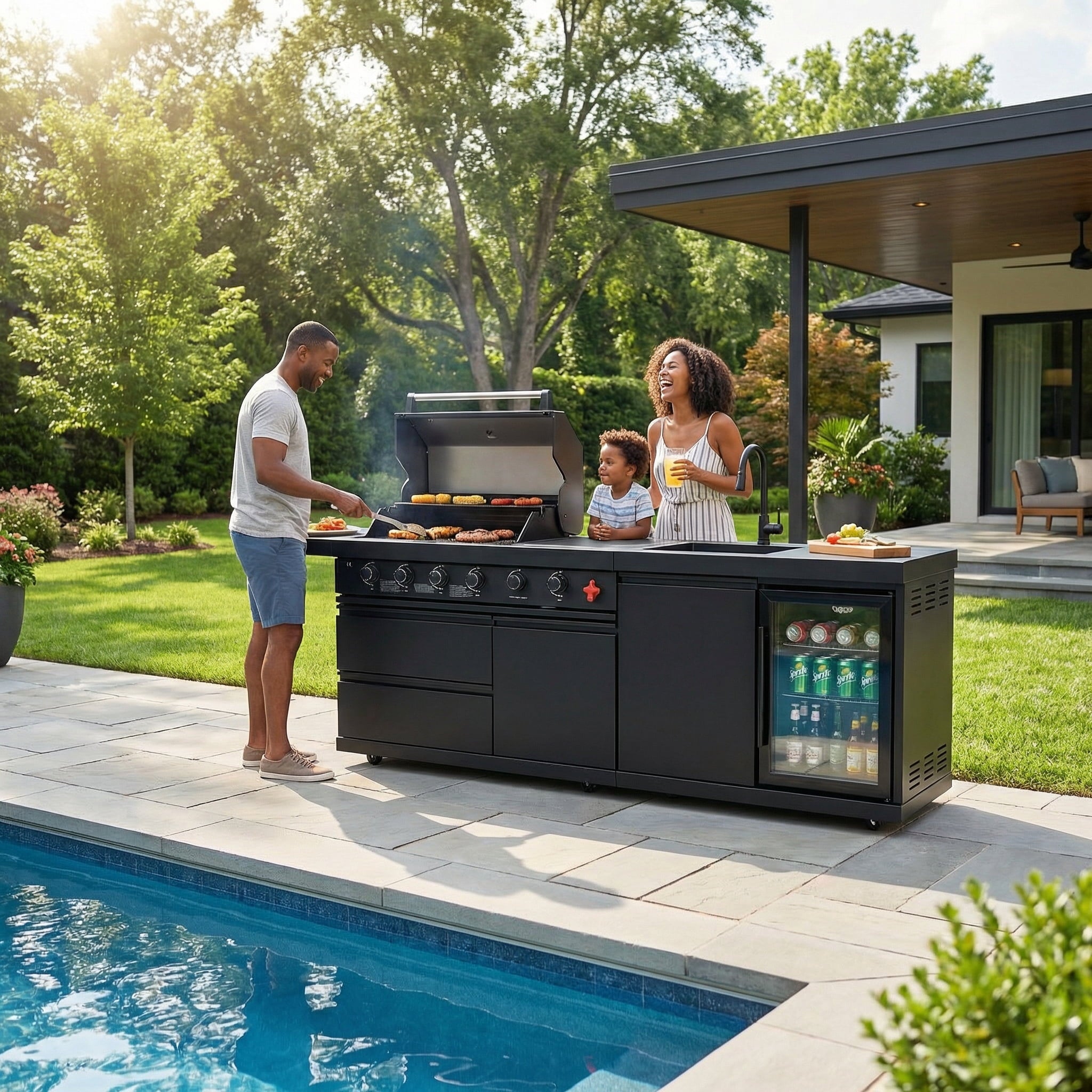 84 Deluxe Outdoor Kitchen Island with 6-Burner Gas Grill (75300 BTU), Premium SS304 Stainless Steel BBQ Station, Black Galaxy Granite Countertop, Dual-Zone Refrigerator, Sink, Rotisserie Kit & Cover HomeMindful