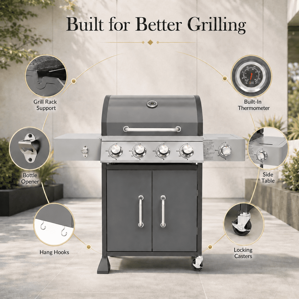 4-Burner Propane Gas Grill with Side Burner, 51,000 BTU Outdoor BBQ Grill with Porcelain-Enameled Grates, Warming Rack, Side Tables, Bottle Opener, Thermometer and Wheels for Patio Backyard Cooking Gas Grills