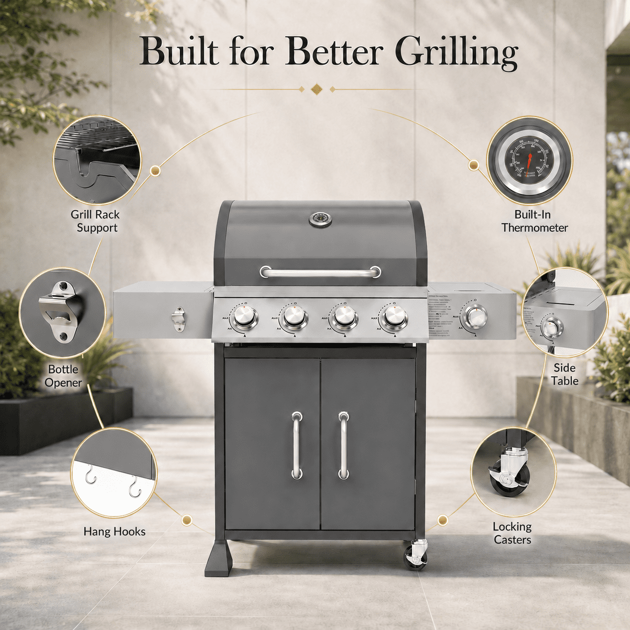 4-Burner Propane Gas Grill with Side Burner, 51,000 BTU Outdoor BBQ Grill with Porcelain-Enameled Grates, Warming Rack, Side Tables, Bottle Opener, Thermometer and Wheels for Patio Backyard Cooking Gas Grills