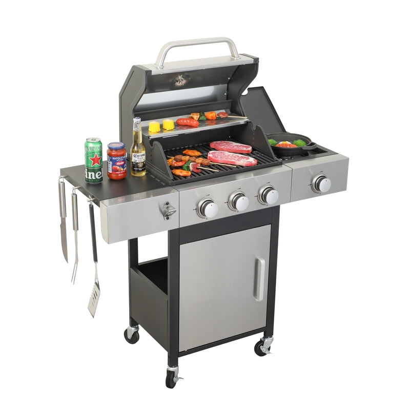 Gundir 3-Burner Propane Gas Grill with Side Burner, 37230 BTU Stainless Steel BBQ Grill, Enameled Cast Iron Grates & Foldable Side Tables, Heavy-Duty Wheels for Outdoor Cooking My Store