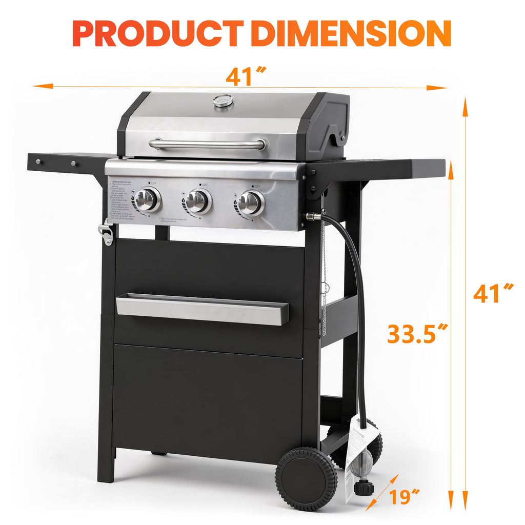 Segmart 3 Burner BBQ Propane Gas Grill, Stainless Steel 27,000 BTU Patio Garden Barbecue Grill with Side Tables, Hanging Basket & Thermometer, Perfect for Camping, Outdoor Cooking Gas Grills