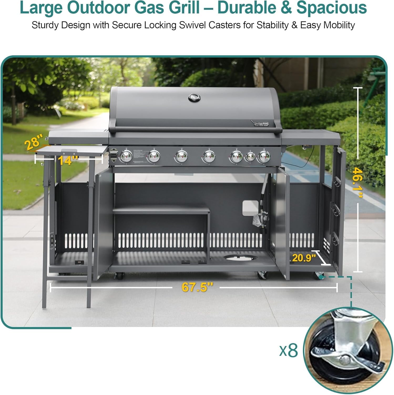Brand Man 6-Burner Outdoor Gas Kitchen Grill Island with Side Burner, BBQ Station with Storage Cabinets and Fold-out Prep Table, LPG/NG Convertible Gas Grills