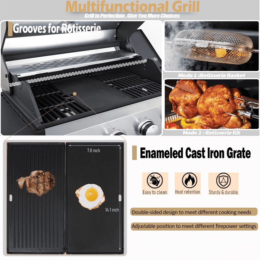 Seizeen 4 Burner Outdoor BBQ Grill with Side Burner, 46,790BTU Propane Gas Grill Stainless Steel, 2-IN-1 Enameled Cast Iron Grid & Frying Plate, High Lid, for Patio and Garden Cooking Seizeen