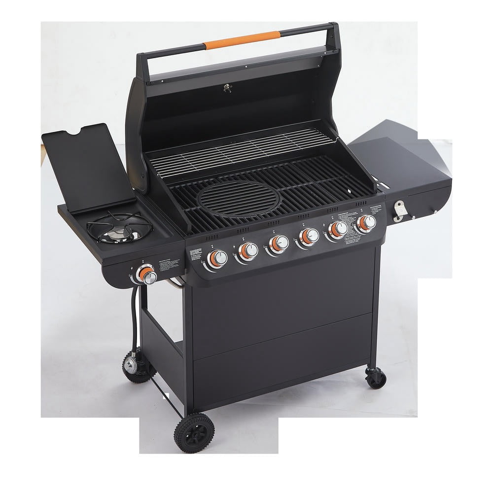 Kadyn 6-Burner Gas Barbecue Grill, 72000 BTU High-Heat Grill with Side Tables, Cast Iron Grates & Side Burner, Outdoor Kitchen, Black Kadyn