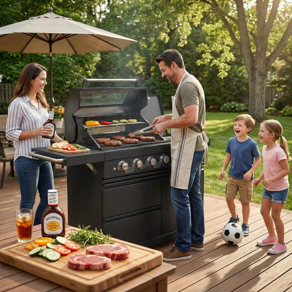 46-Inch Outdoor Kitchen Island Grill, 6-Burner 75,300 BTU Stainless Steel BBQ with Rotisserie Kit, Granite Countertops, Storage Cabinets & Wheels, Propane/Natural Gas Convertible, Black Chery Industrial