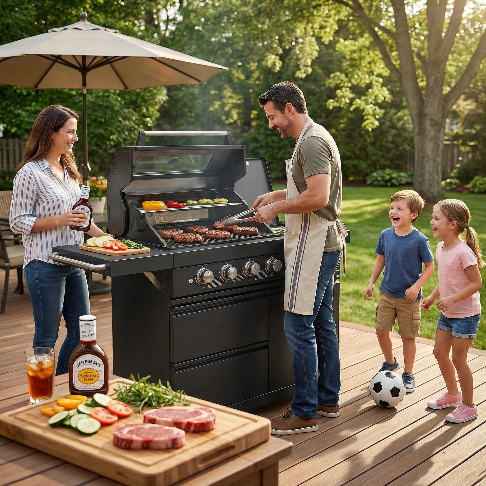 46-Inch Outdoor Kitchen Island Grill, 6-Burner 75,300 BTU Stainless Steel BBQ with Rotisserie Kit, Granite Countertops, Storage Cabinets & Wheels, Propane/Natural Gas Convertible, Black Chery Industrial