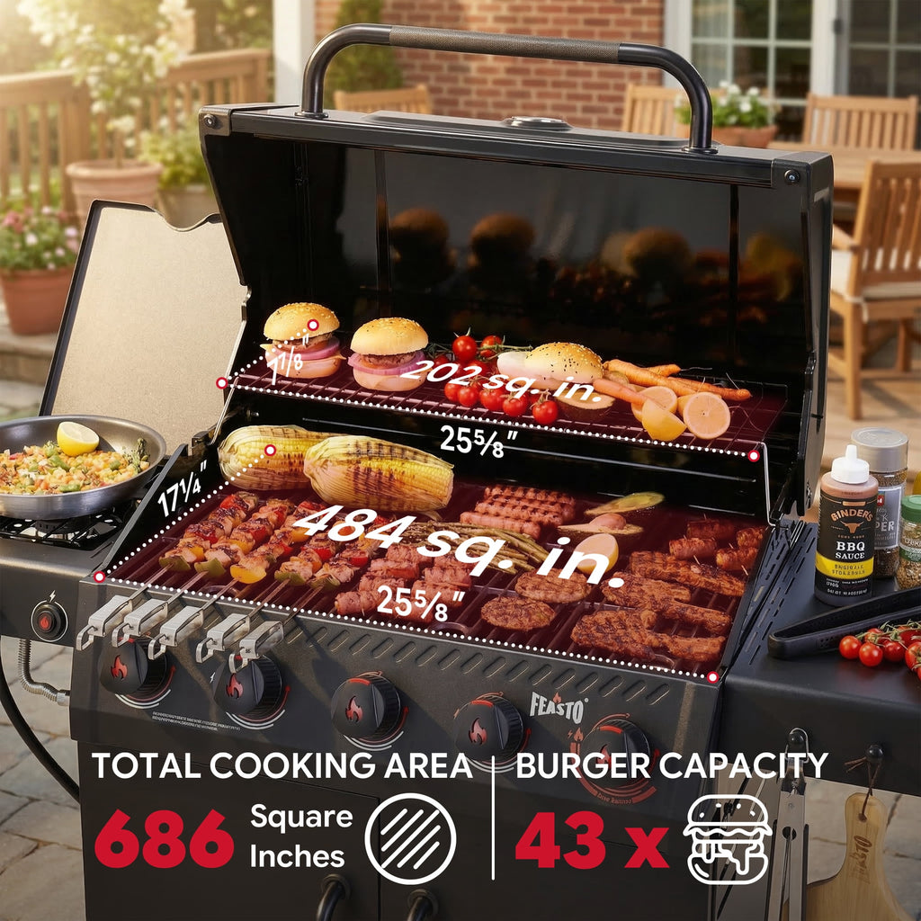 Feasto 5-Burner Propane Gas Grill, Double Deck Lid, Side Sear Burner, 58000 BTU, 686 Sq.In. Cabinet Storage Gas Grills