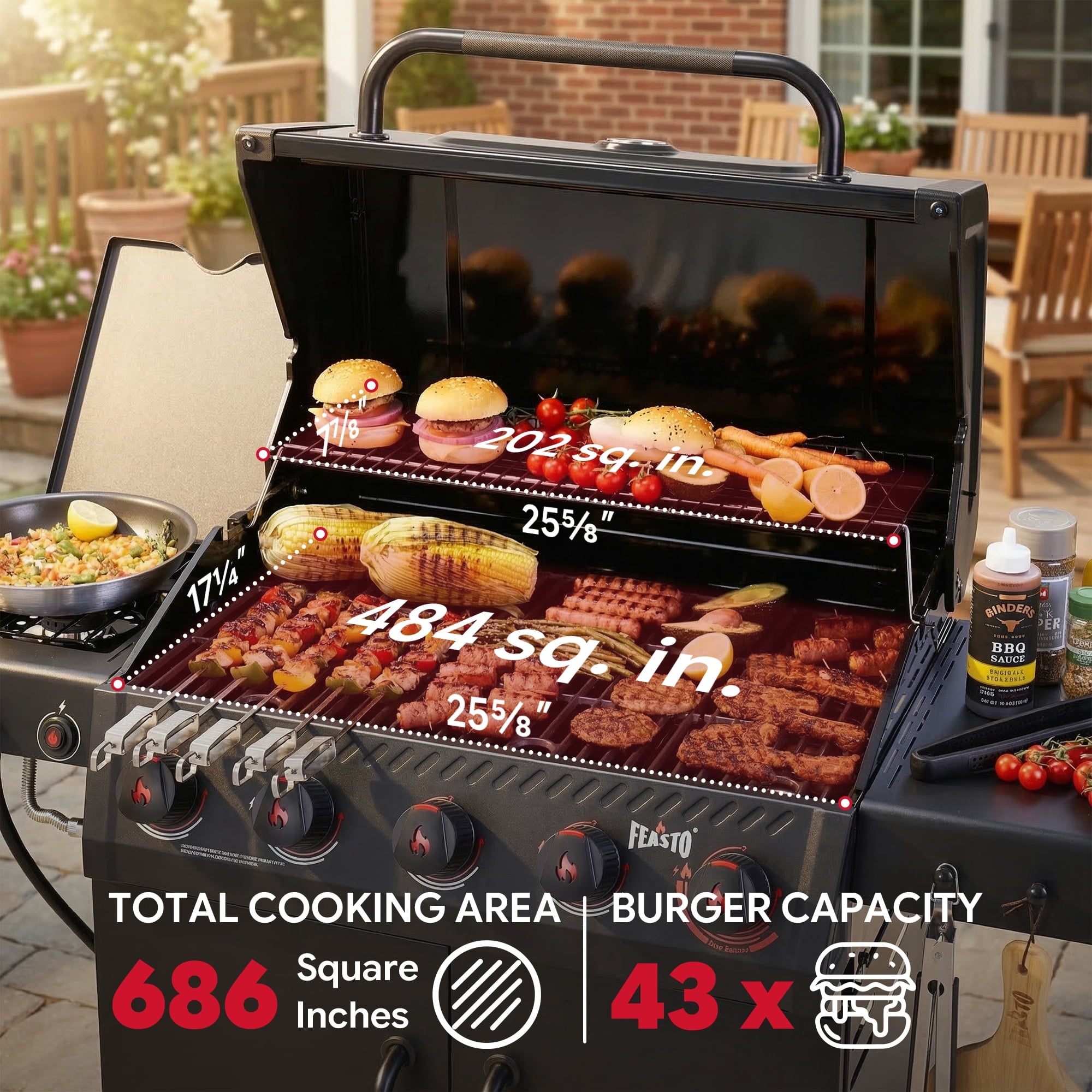 Feasto 5-Burner Propane Gas Grill, Double Deck Lid, Side Sear Burner, 58000 BTU, 686 Sq.In. Cabinet Storage Gas Grills