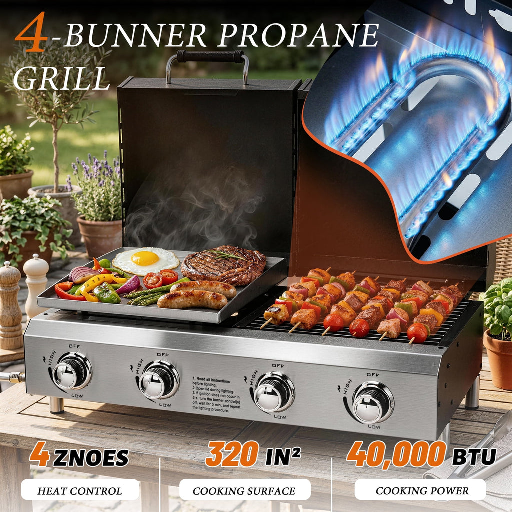 Ktaxon 4 Burner Propane Gas Grill and Griddle Combo with Auto Ignition,40000 BTU for Outdoor Cooking,Portable Ktaxon