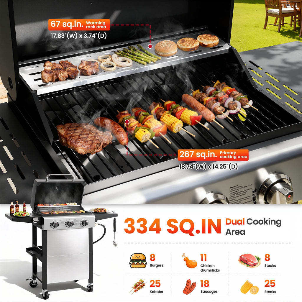 BBQ Grill, Seizeen 30,000 BTU 3-Burner Gas Grill Portable, Backyard Camping Propane Grill with  Daul Zone, Foldable Table, Hanging Basket, Steel Brush, Universal Wheels Gas Grills