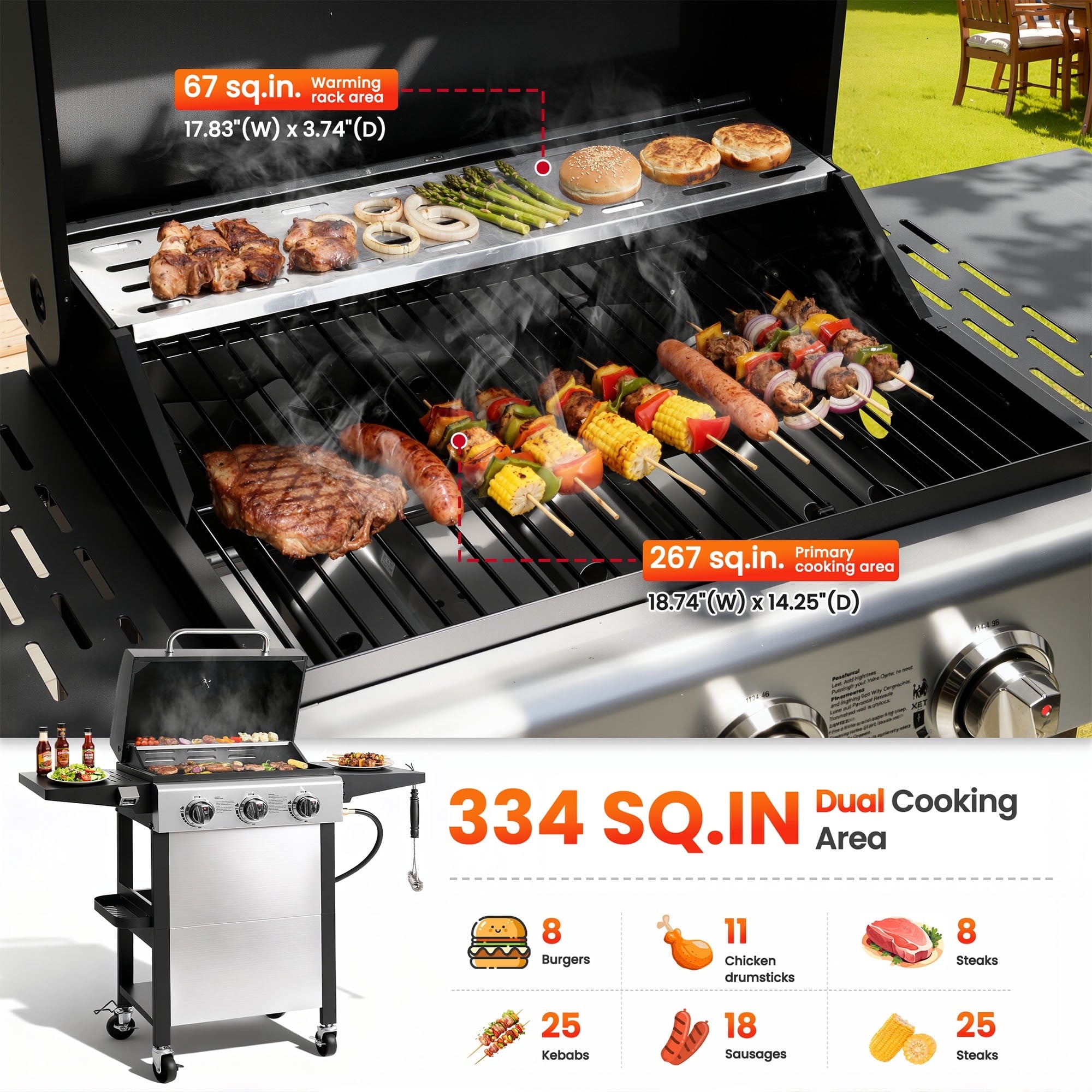 BBQ Grill, Seizeen 30,000 BTU 3-Burner Gas Grill Portable, Backyard Camping Propane Grill with  Daul Zone, Foldable Table, Hanging Basket, Steel Brush, Universal Wheels Gas Grills