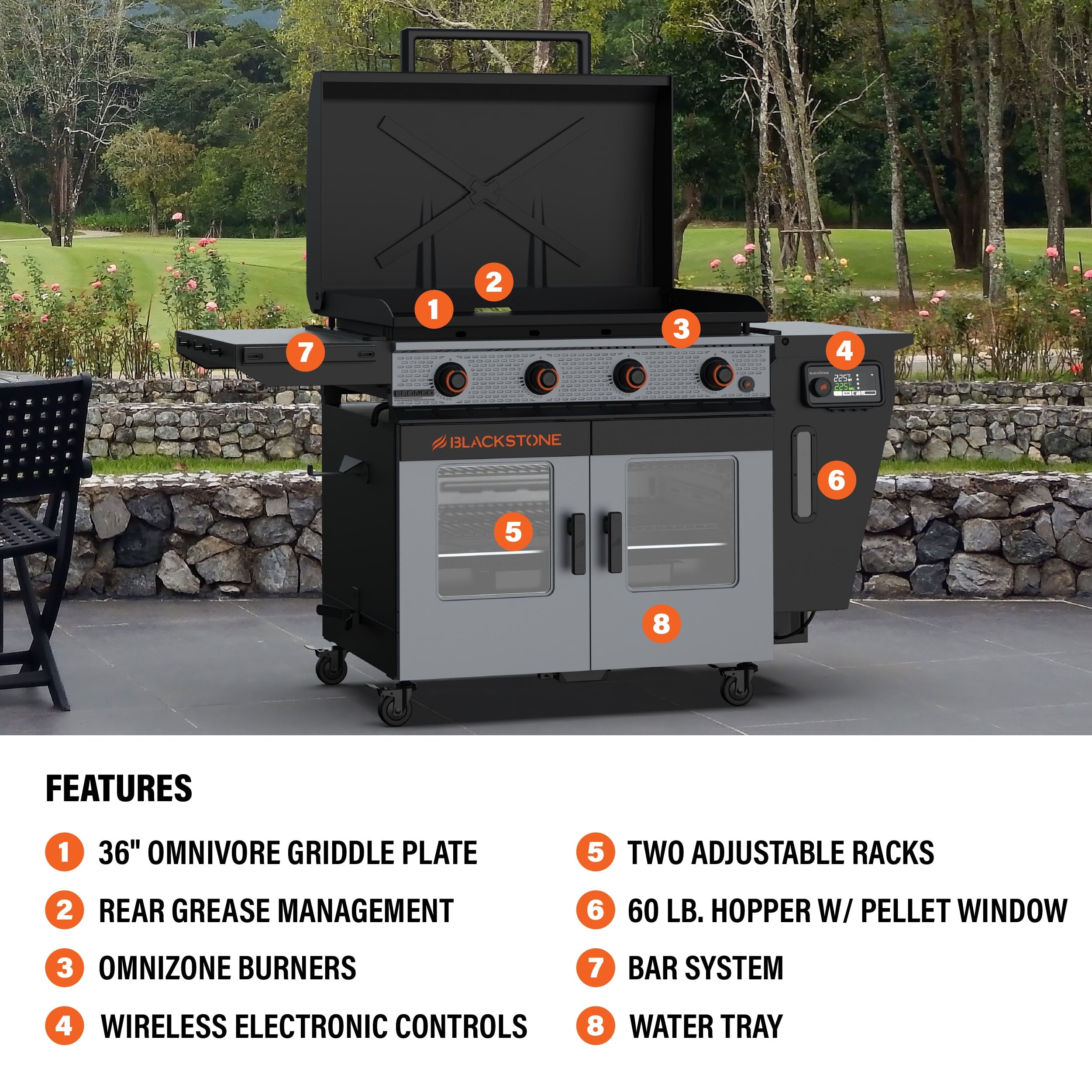 Blackstone Bronco Outdoor Combo Griddle, 36 Inch 4-Burner Flat Top Grill with Vertical Pellet Smoker Blackstone