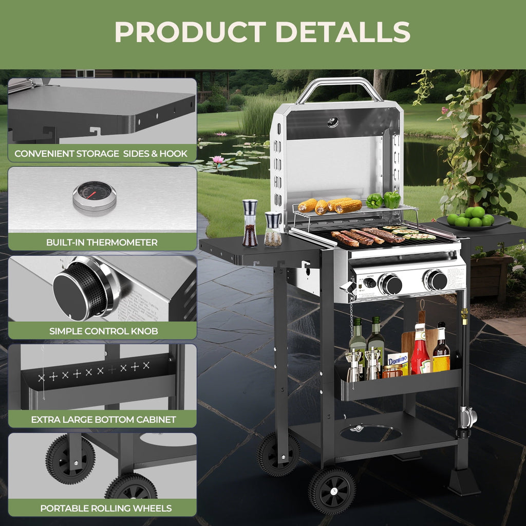 WAA Propane Gas Grill with 2-Burner,Outdoor Gas BBQ Grill with Side Storage Shelves,Top Cover Lid, Oil Tray,Wheels,Barbeque Stove for Barbecue Cooking,Patio,Camping and Party,16000 BTU Gas Grills