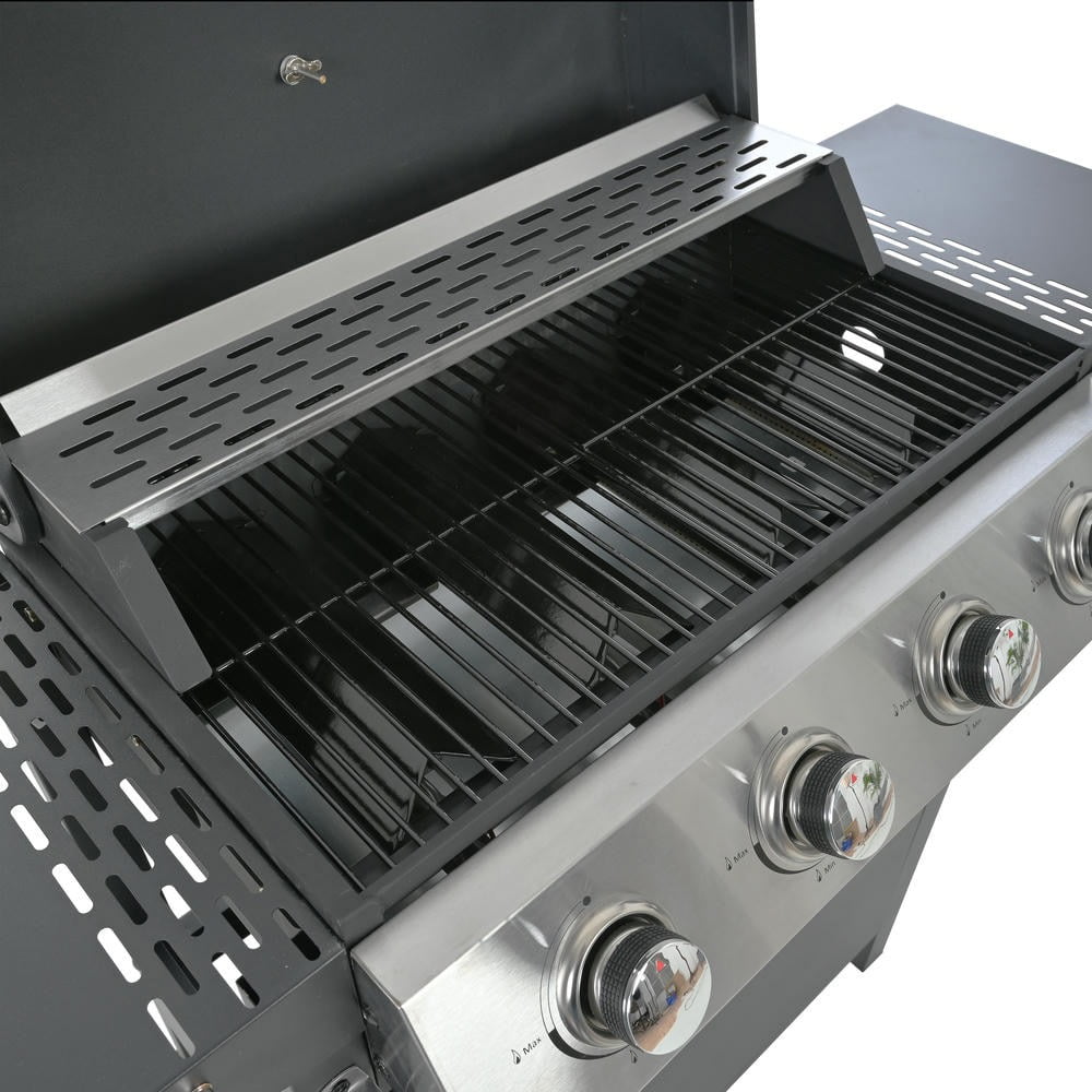 Kadyn Garden Grill with Two Shelves, Lid, Wheels and Bottle Opener, Patio Backyard Barbecue Grill with 4 Burner and Stainless Steel 34,000 BTU, Black Kadyne