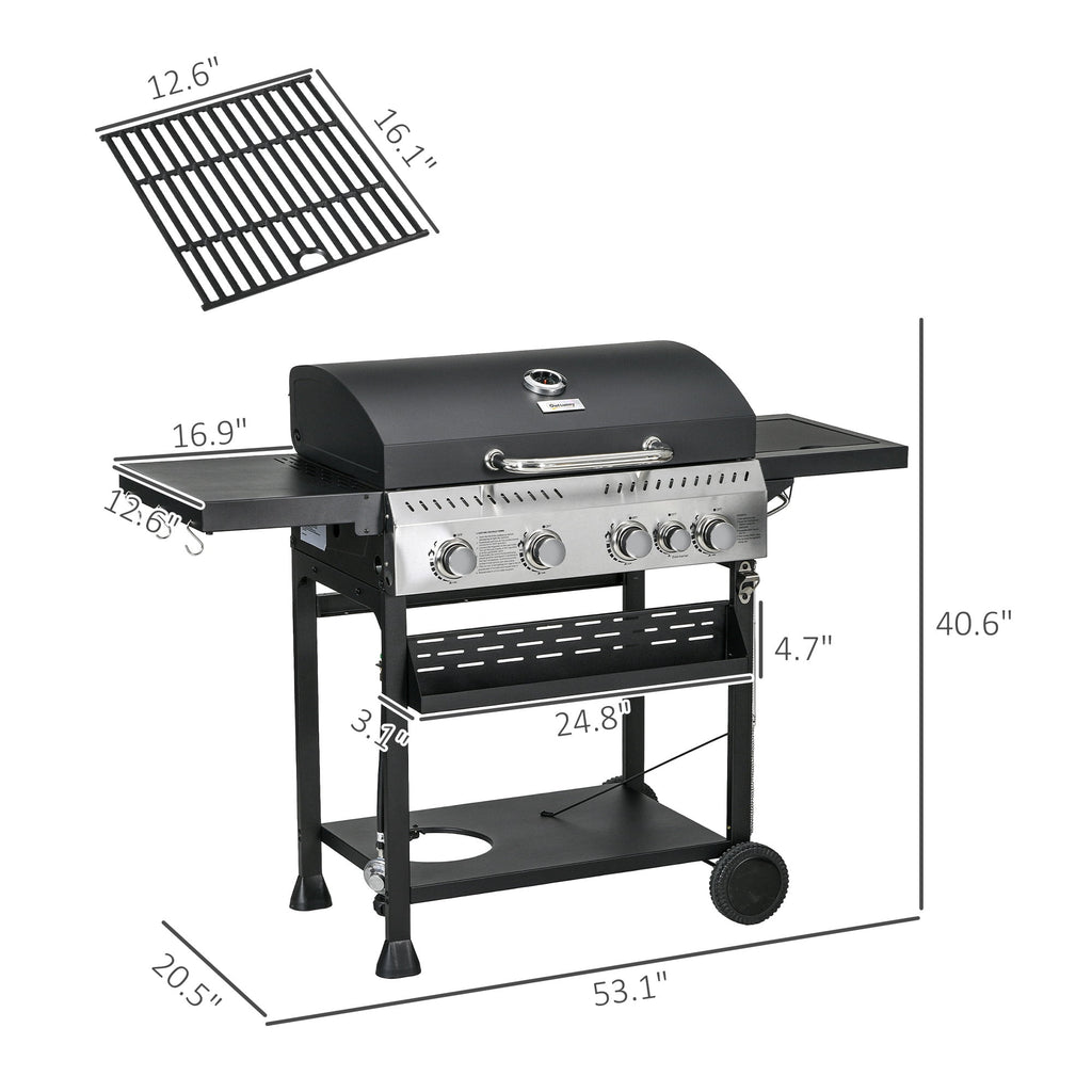 Outsunny 4 Burner Propane Gas Grill with Side Burner, 40,000 BTU Outdoor Barbeque with Shelves, Thermometer, Bottle Opener, Black Outsunny