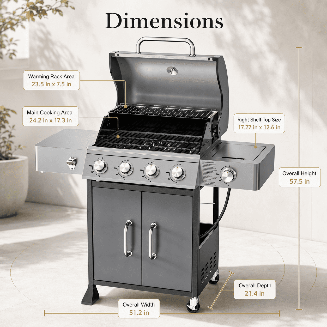4-Burner Propane Gas Grill with Side Burner, 51,000 BTU Outdoor BBQ Grill with Porcelain-Enameled Grates, Warming Rack, Side Tables, Bottle Opener, Thermometer and Wheels for Patio Backyard Cooking Gas Grills