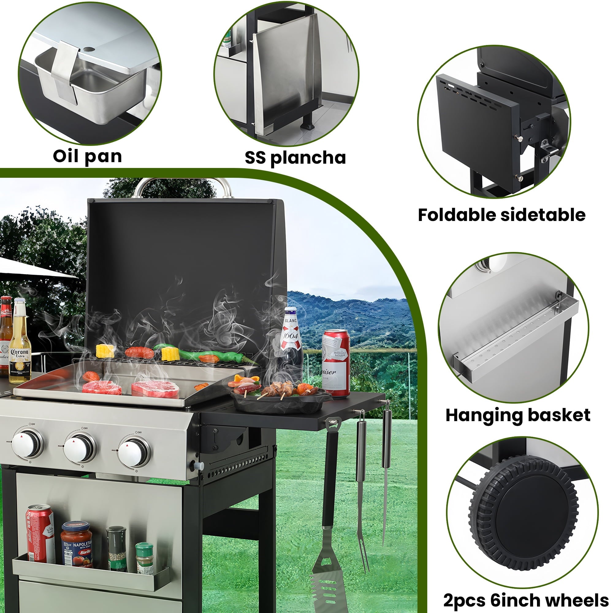 Seizeen 3-Burner Propane Gas Grill, Outdoor 2-IN-1 BBQ Grill & Griddle, Portable Combo Grills Stainless Steel, W/Two Foldable Shelves, Two Cooking Areas, Wheels Gas Grills