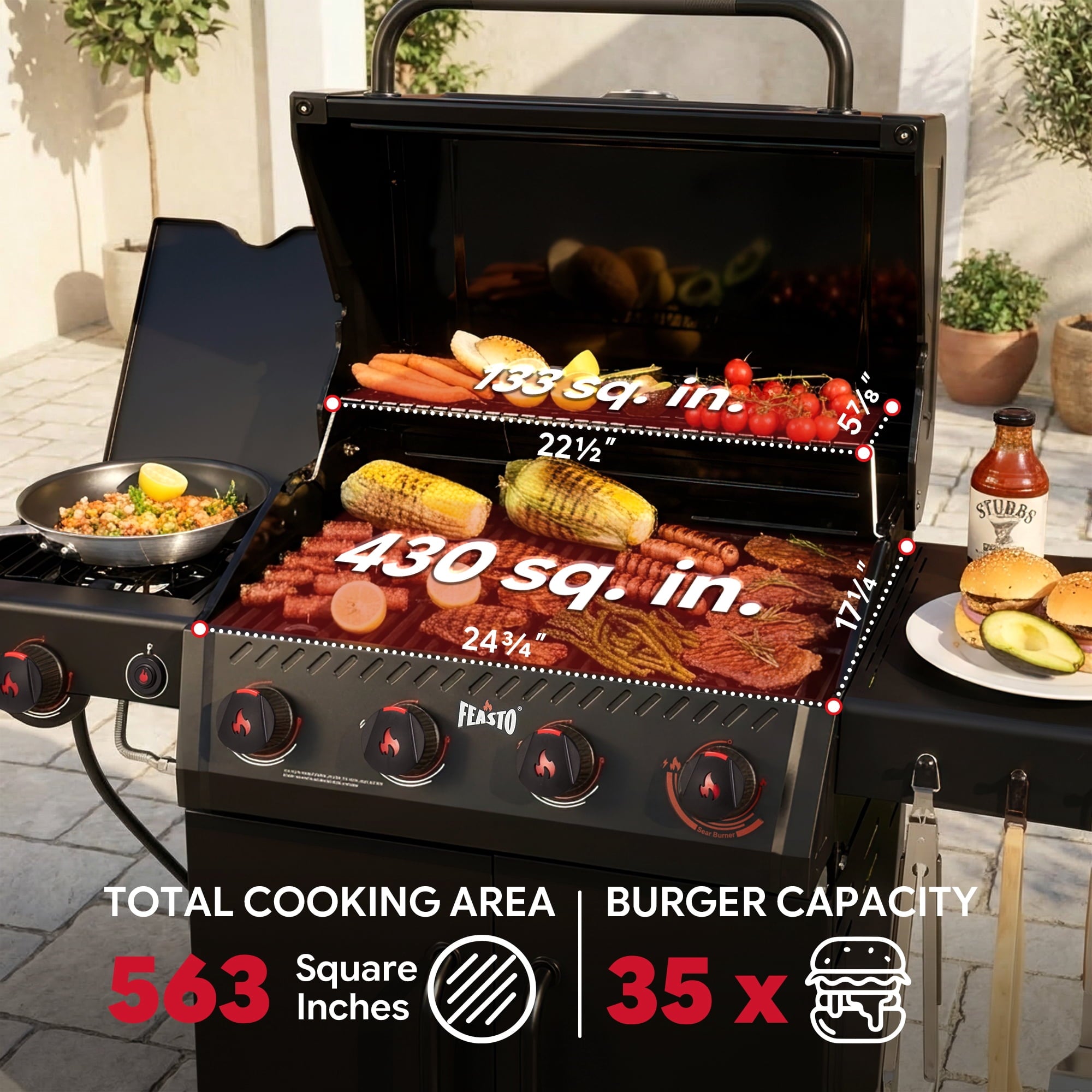 Feasto 4-Burner Propane Gas Grill with Side Sear Burner, 49500 BTU, 563 Sq.In., Cabinet Storage Gas Grills