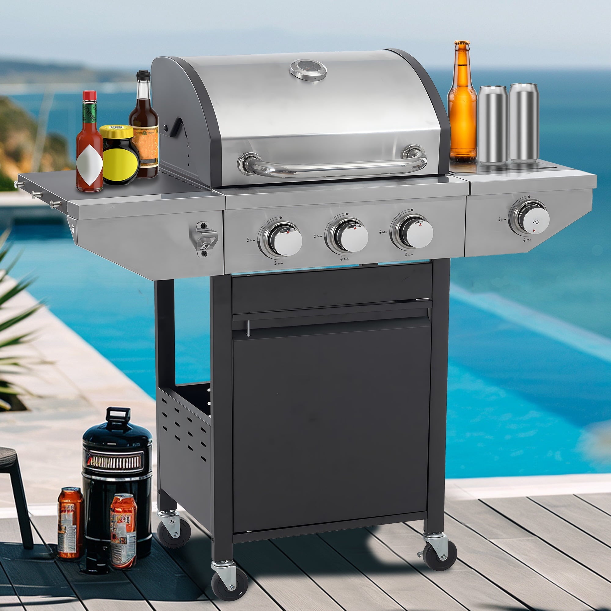 Seizeen Propane Gas Grill, 3 Burners BBQ Grill with Side Burner, Outdoor Camping Grill 430 Stainless Steel, 37150BTU, One-button Ignition System, Thermometer, 4 Wheels Gas Grills