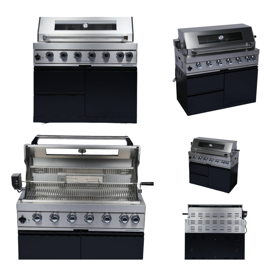 82Inch 6-Burner 85000 BTU Deluxe Stainless Steel Gas Outdoor Kitchen Bar Barbecue Island Grill  + Wine Cooler Compact Refrigerator + Rotisserie + Stainless Steel Countert + Storage Cabinets & Drawers My Store