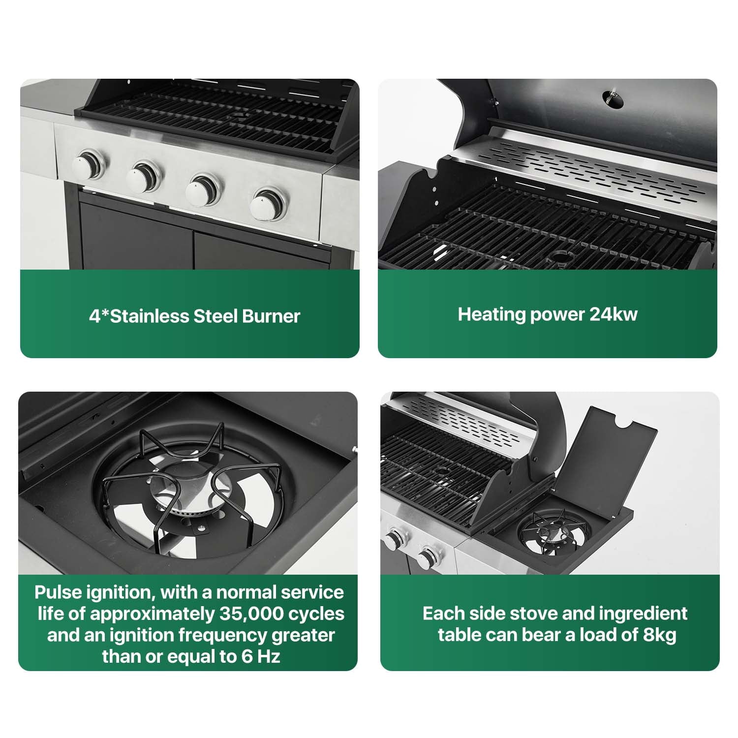 Clouddwell 4 Burner Gas Propane Grill, with 4 Casters, Side Table, and Thermometer, Patio Garden BBQ Grill Perfect for Camping, Black and Silver Gas Grills