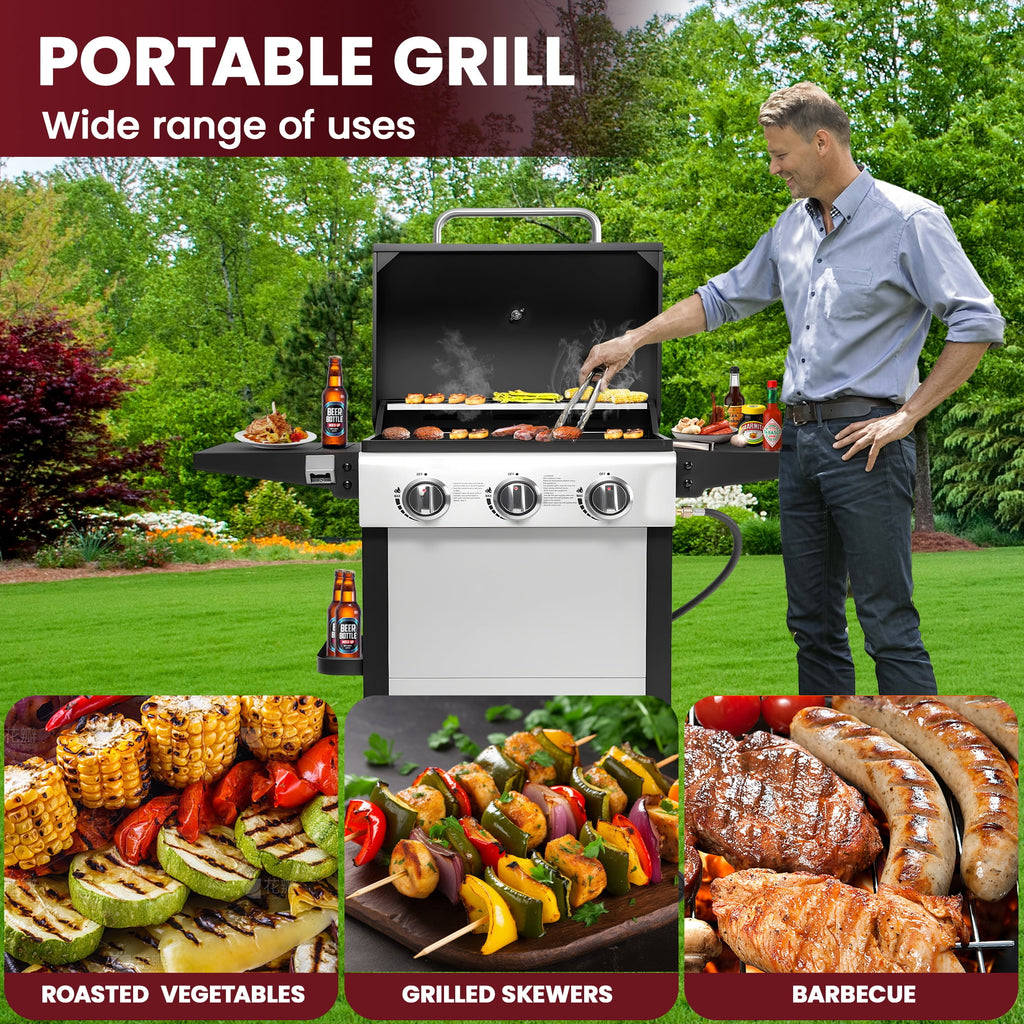 Enyopro 3-Burner Propane Gas Grill, 30000 BTU BBQ Grill with Foldable Side Table, Stainless Steel Warming Rack, Hooks, and Built-In Bottle Opener for Outdoor Barbecue Gas Grills
