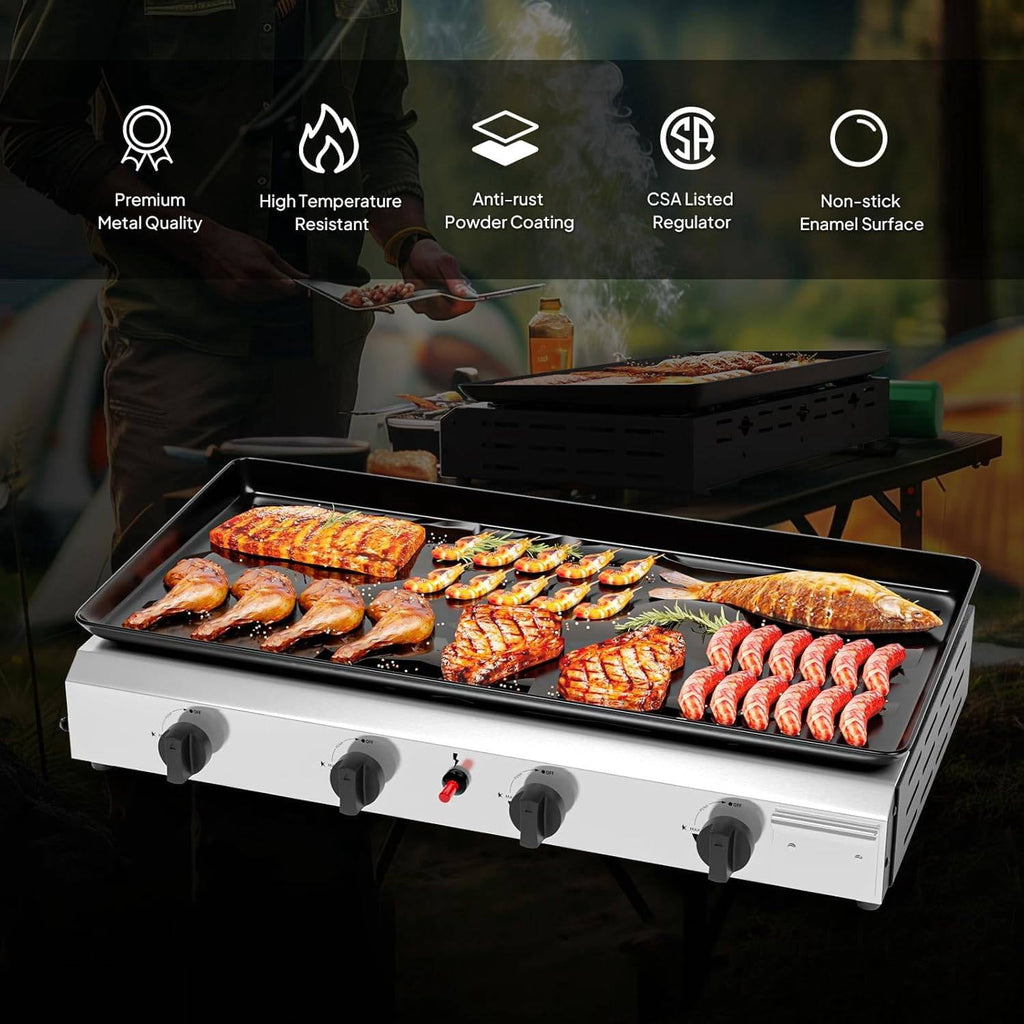 4-Burner Portable Propane Griddle with Nonstick Enameled Cooking Surface, 40,000 BTU Tabletop Flat Gas Grill for Outdoor Cooking, Camping, Tailgating Unbranded