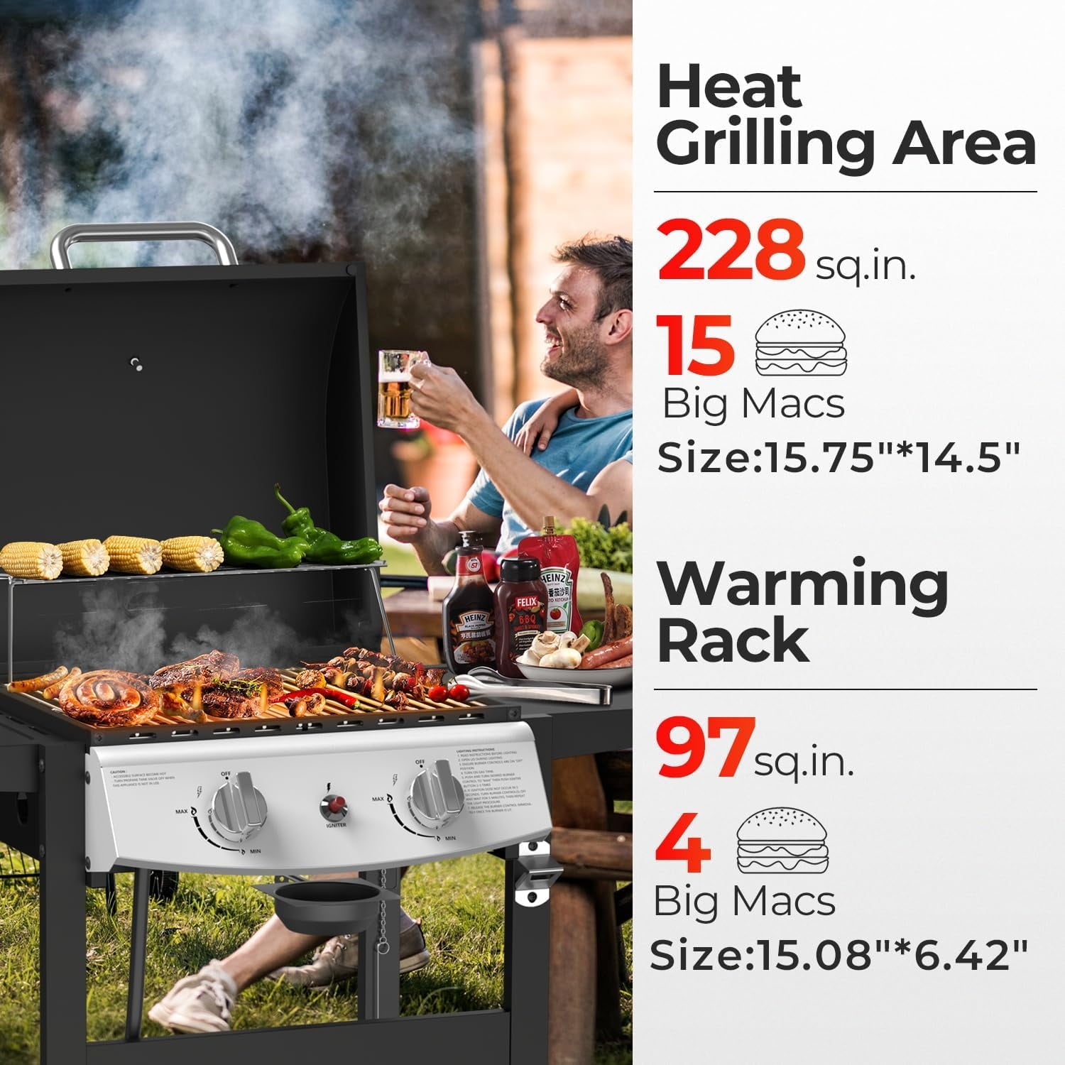 FREE VILLAGE 2-Burner Propane Gas BBQ Grill,20000 BTU Stainless Steel Barbeque Grill with Side Shelves and Wheels,Portable Outdoor Grill for Patio,Backyard,Garden,Camping Cooking Gas Grills