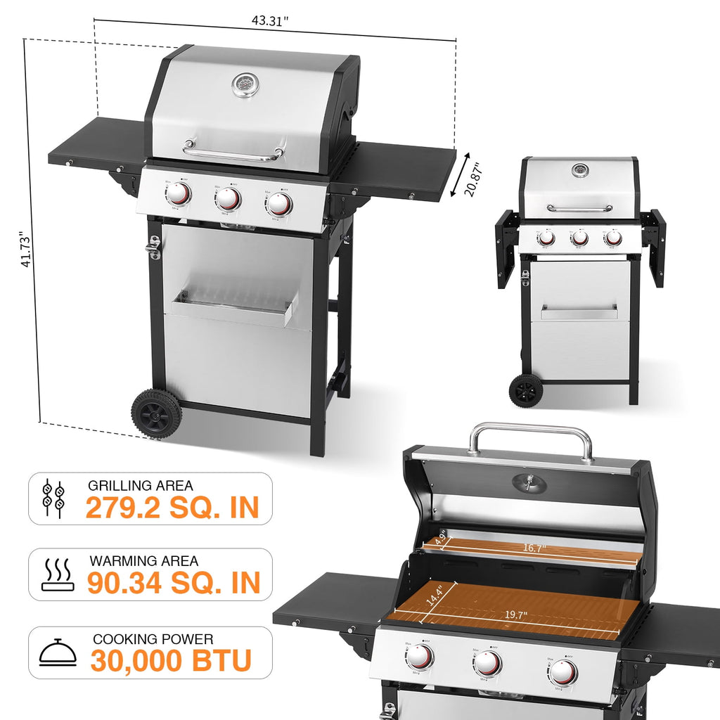 3 Burner Gas Grill with Double-Layer Stainless Steel Lid, 30,000 BTU Patio Garden Barbecue Grill with Folding Side Tables Garden It