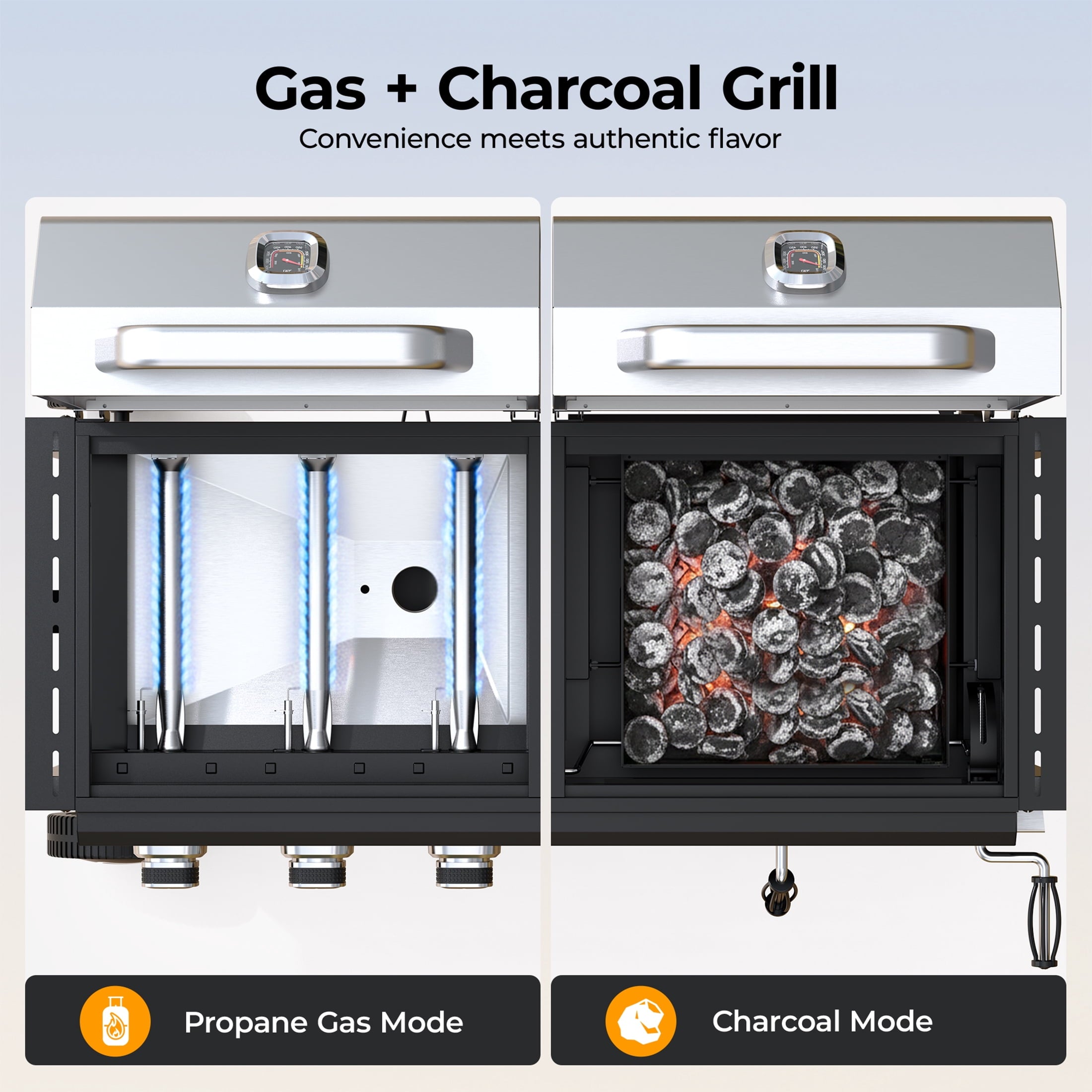 Propane Gas and Charcoal Grill Combo, Dual Fuel Outdoor BBQ Grill Stainless Steel Lids for Patio Garden Picnic Backyard Barbecue Cooking, Silver Gas Grills