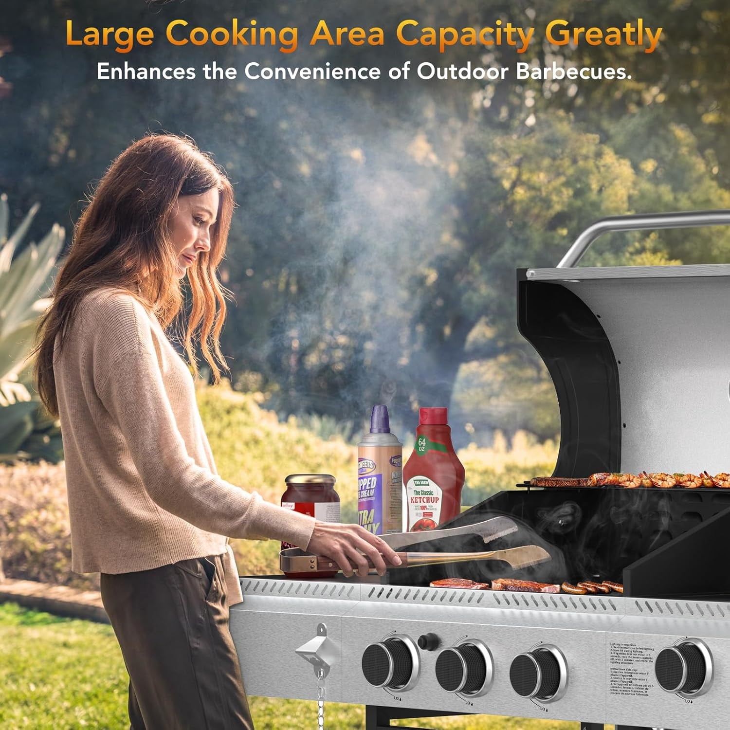 37000 BTU 3-Burner Propane Grill, Stainless Steel BBQ Grill with Side Burner & Porcelain-Enameled Cast Iron Grates for Outdoor Patio Camping WAA