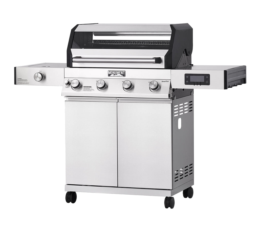 Denali 4-Burner Propane Gas Grill in Stainless with Clearview Lid, 3-Phase LED Controls, Grill Cover, and Side Burner Monument Grills