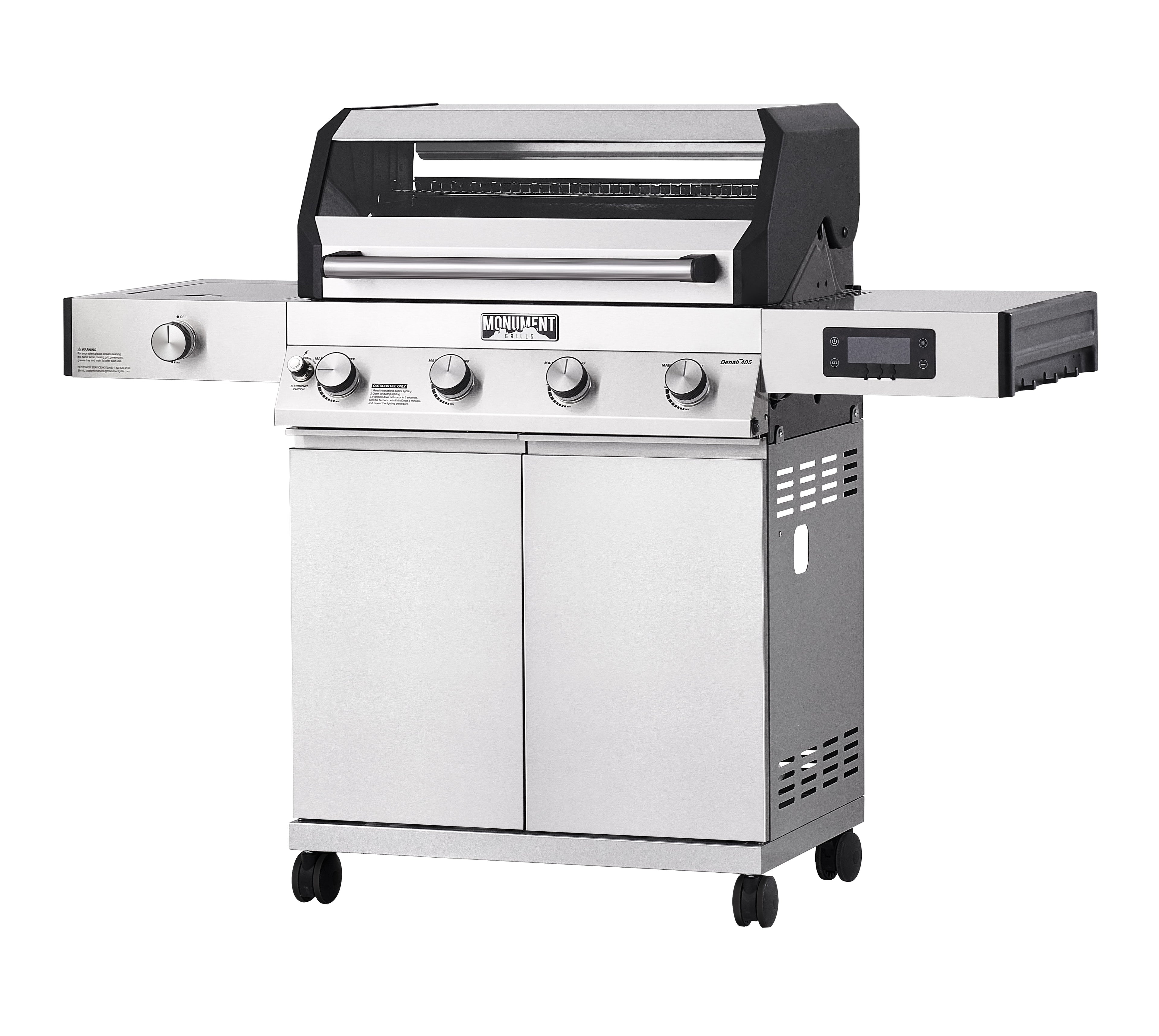 Denali 4-Burner Propane Gas Grill in Stainless with Clearview Lid, 3-Phase LED Controls, Grill Cover, and Side Burner Monument Grills