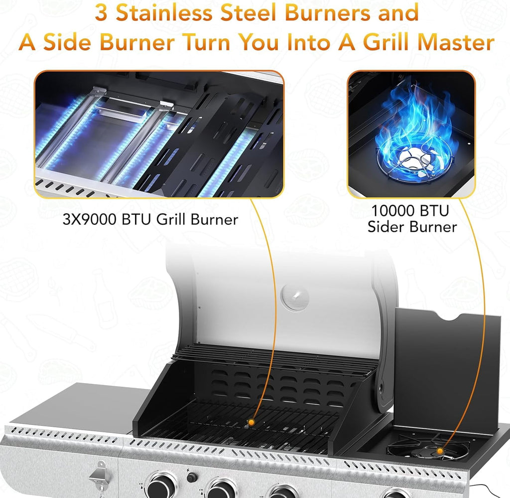 37000 BTU 3-Burner Propane Grill, Stainless Steel BBQ Grill with Side Burner & Porcelain-Enameled Cast Iron Grates for Outdoor Patio Camping WAA