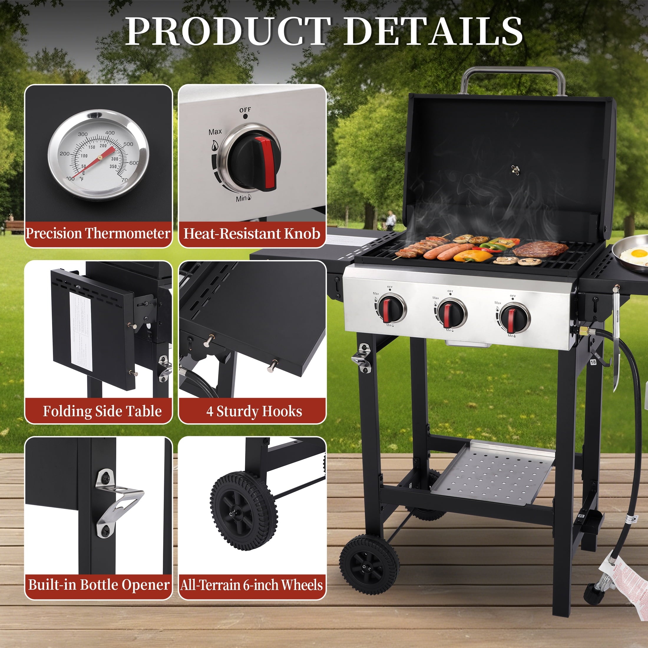 CIG GARDEN 3-Burner Propane Gas Grill with Folding Side Tables, Cast Iron Grates, and Stainless Steel Grill Pan CIG GARDEN