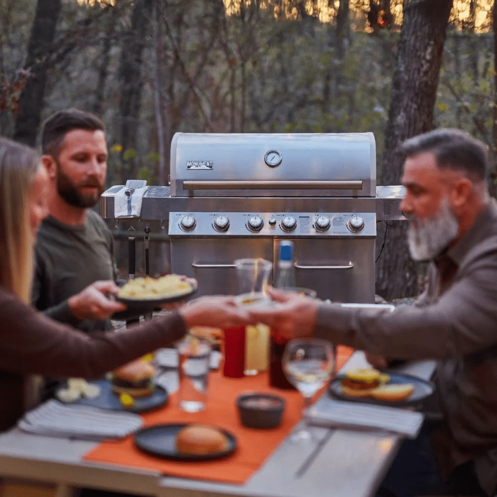 Monument Grills 6+1 Burner Propane Gas Grill  84,000 BTU Stainless Steel Outdoor Patio Barbecue Grill  LED Controls , Free Rotisserie Kit , and Easy Cleanup , 77352 Monument Grills