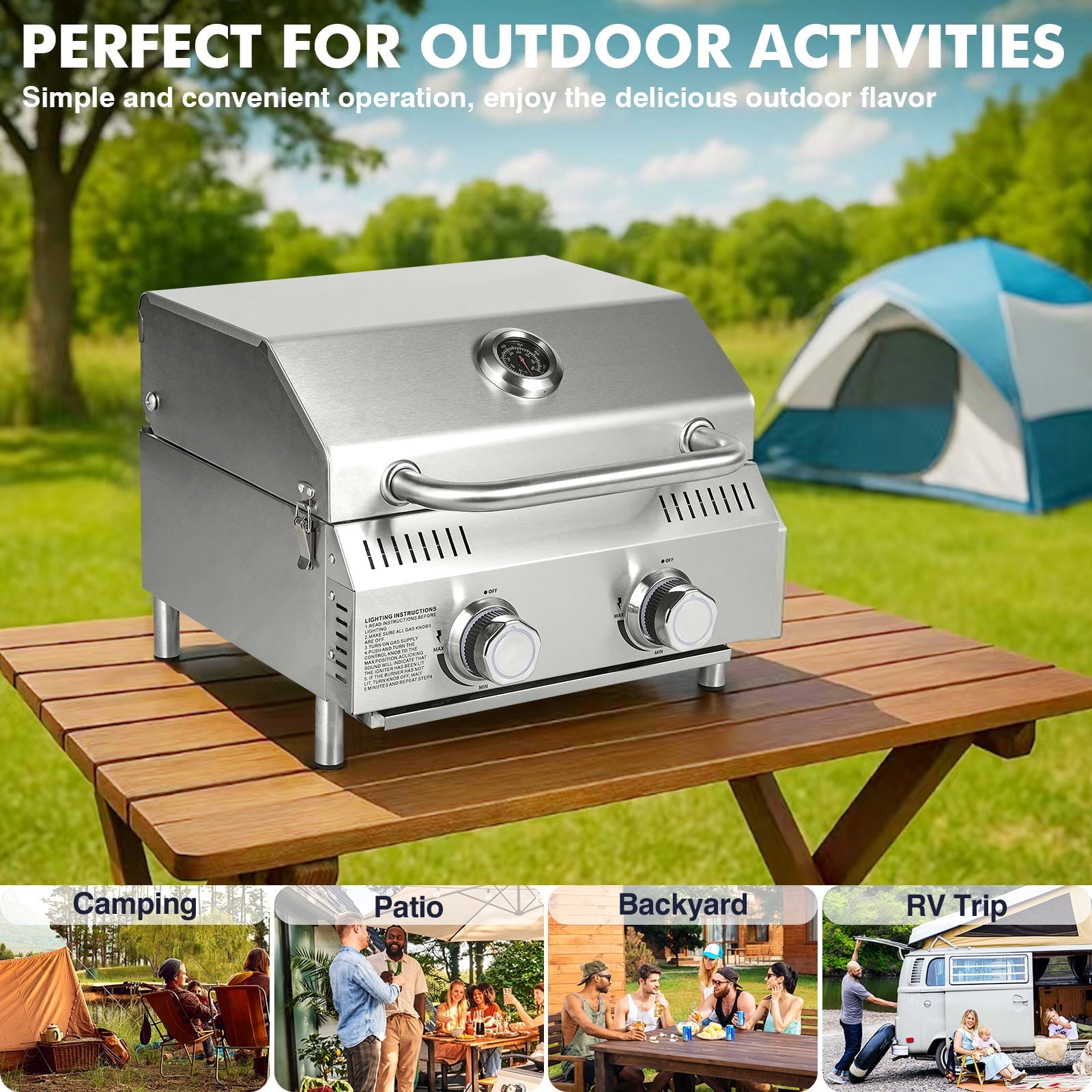 Frizi Portable 2-Burner Tabletop Propane Grill for Patio, 20,000 BTU, Stainless Steel, Camping & Tailgating Gas Grills