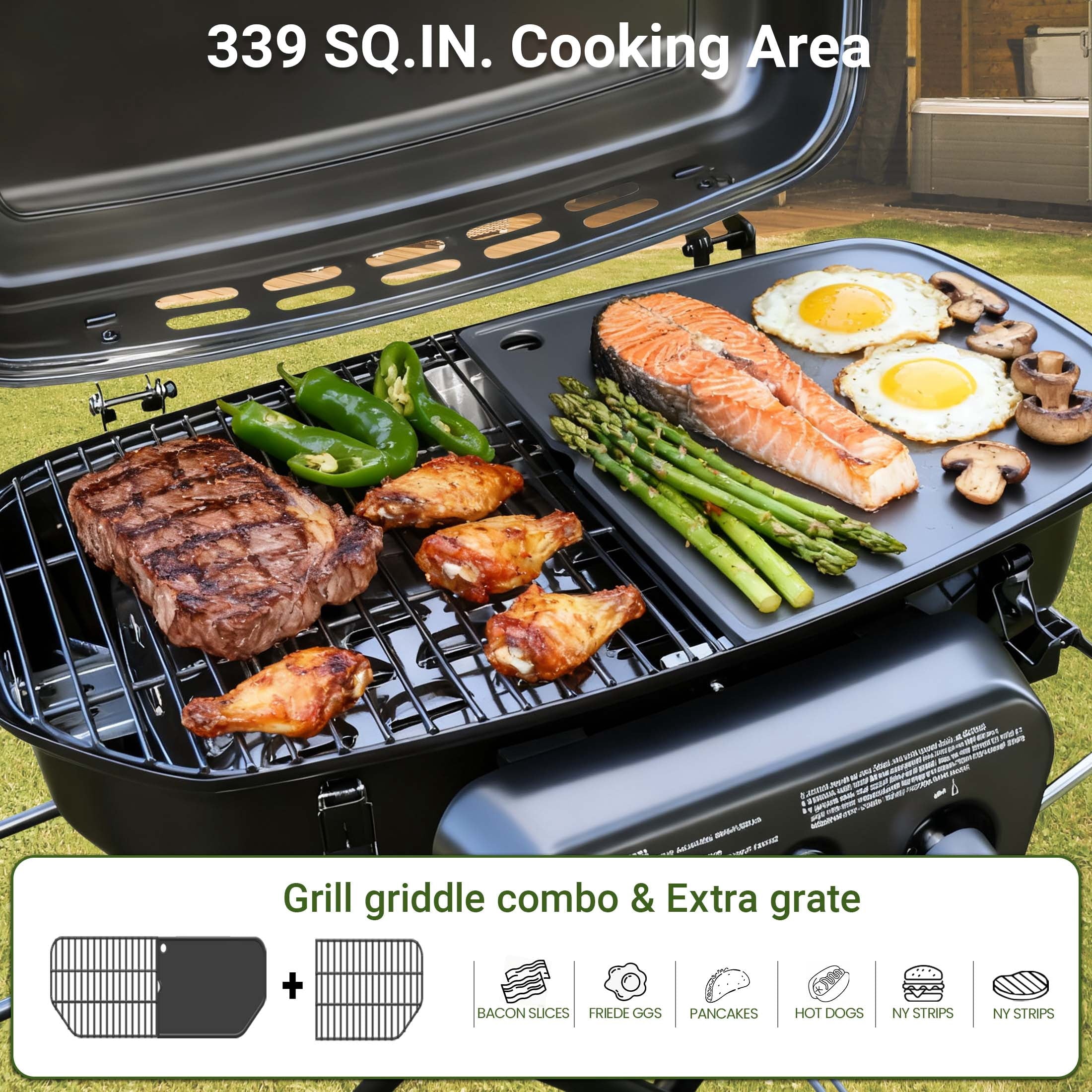 Brand Man Portable 2-Burner Camping Propane Gas Grill, Enameled Foldable BBQ with Griddle for Outdoor Cooking, Green Gas Grills