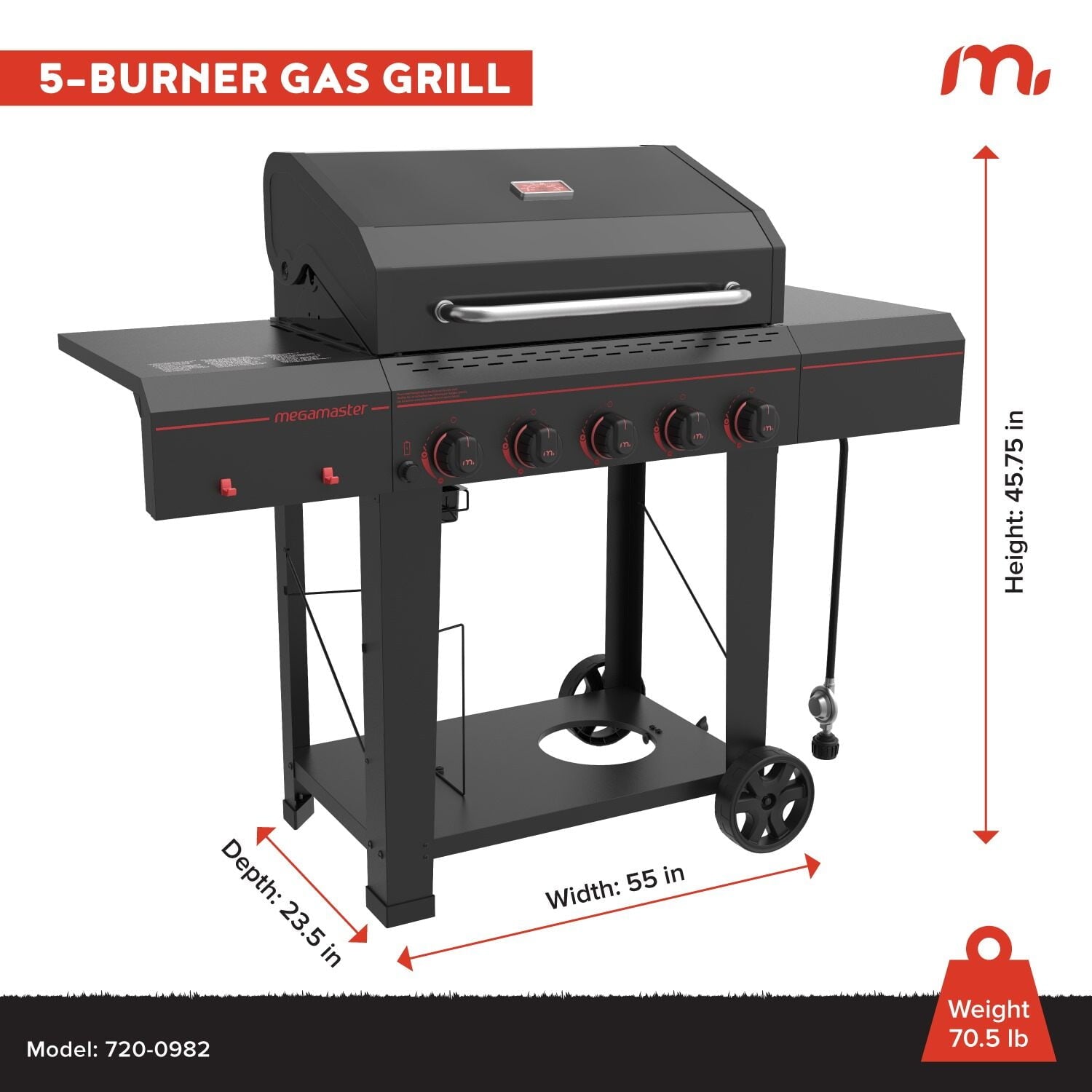 Megamaster 5-Burner Propane Gas Grill with Side Tables, Accessory Hooks, 50,000 BTUs, 656 SQ. In. Cooking Space, 2 Wheel Transport, Outdoor Kitchen Grill for BBQs, Backyards, and More - 720-0982 Gas Grills