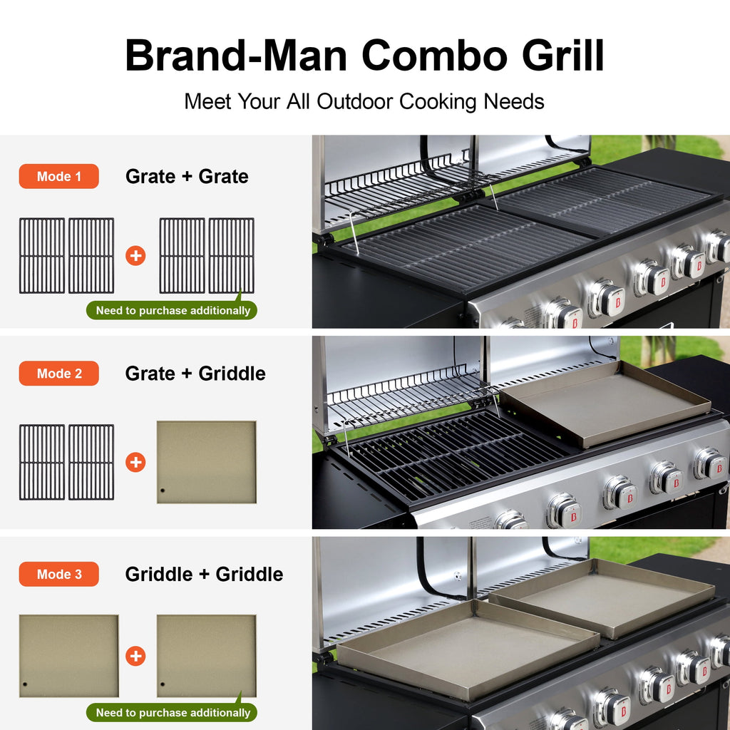 Brand Man Propane 6-Burner Combo Gas Grill with Flat Top Griddle, Heavy Duty 2-in-1 BBQ with Stainless Steel Lids for Outdoor Barbecue Gas Grills
