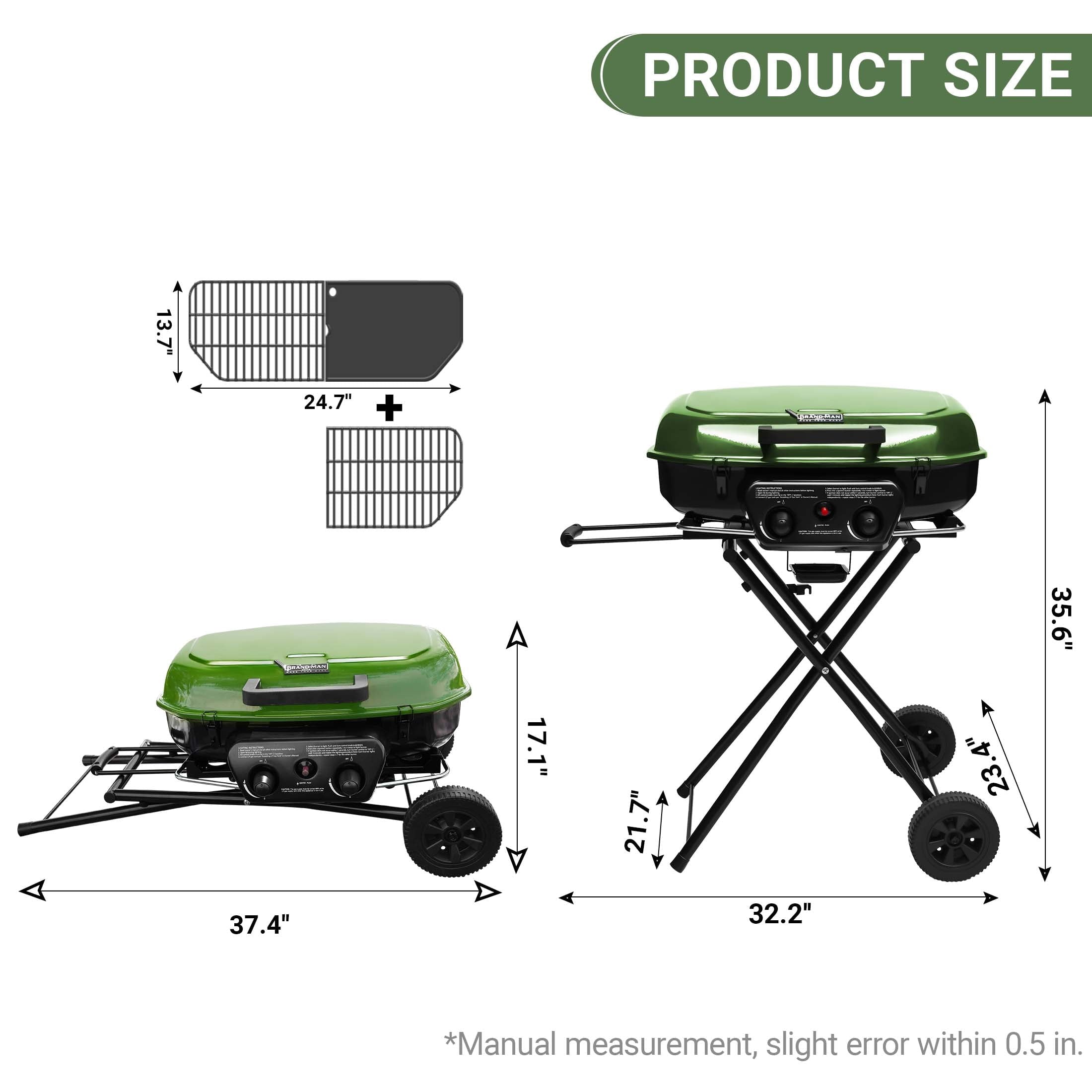 Brand Man Portable 2-Burner Camping Propane Gas Grill, Enameled Foldable BBQ with Griddle for Outdoor Cooking, Green Gas Grills